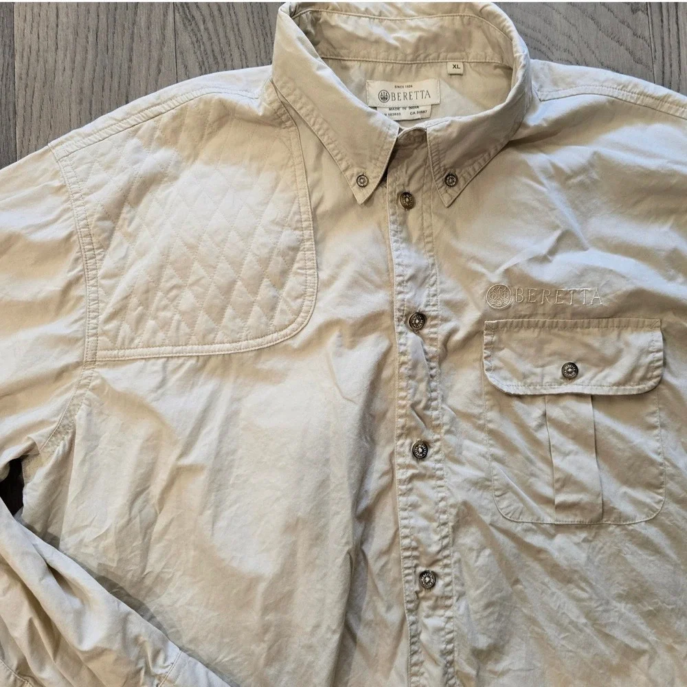 Beretta Long Sleeve Shooting Shirt Tan Mens XL Quilted Shoulder Patch Vented